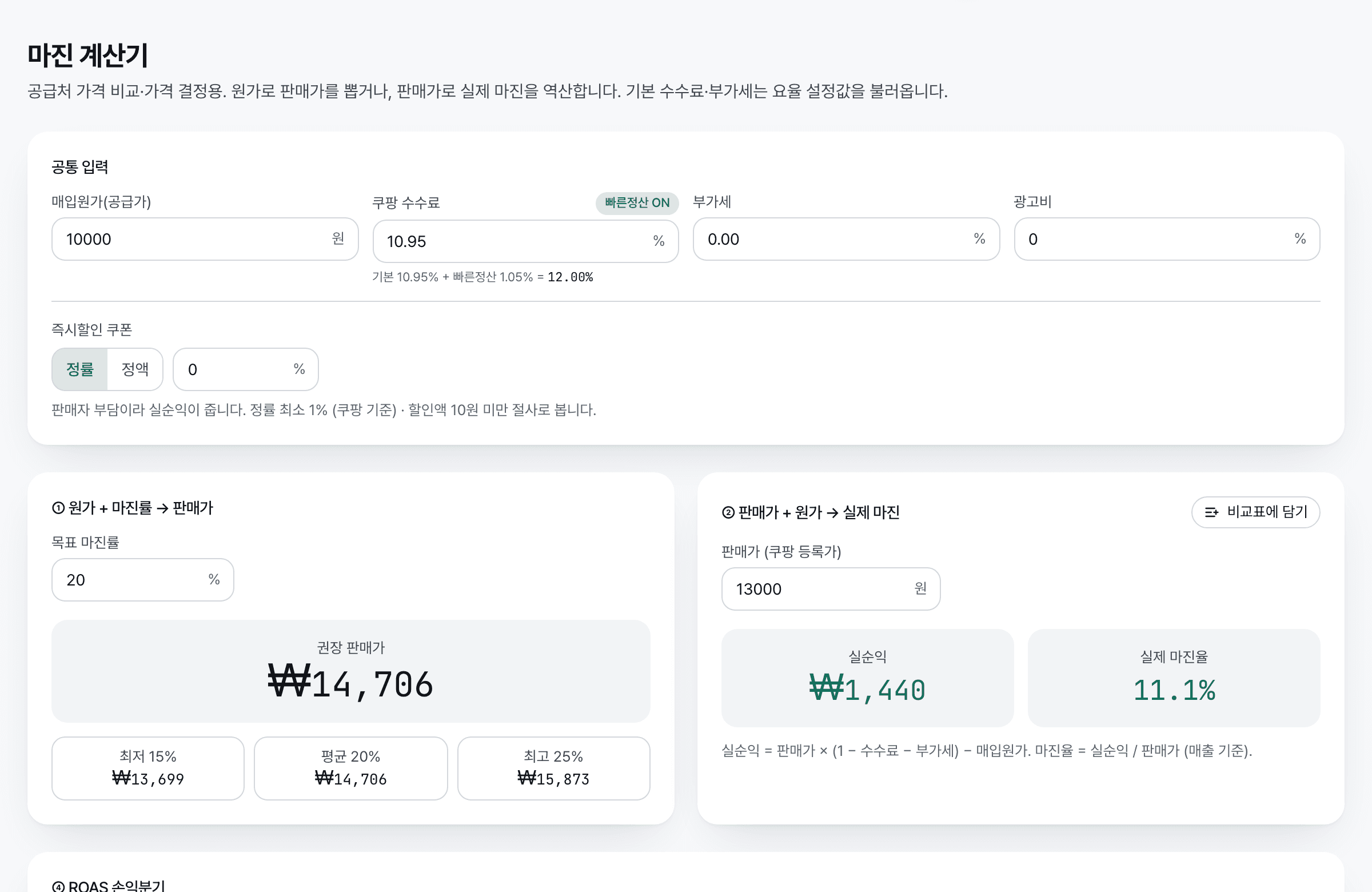 마진 계산기 화면. 매입원가, 쿠팡 수수료, 부가세, 광고비, 즉시할인 쿠폰 공통 입력과 권장 판매가, 실순익, 실제 마진율 결과