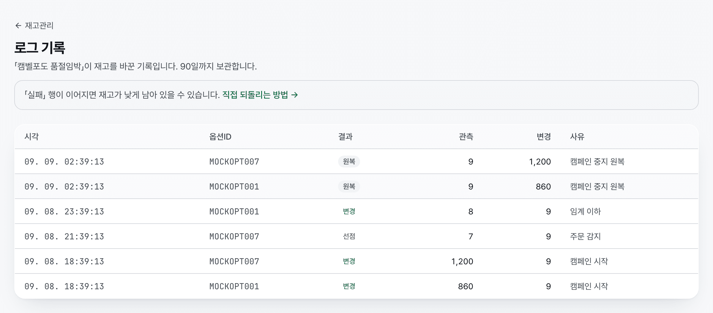 재고 로그 기록 화면. 옵션별로 관측한 재고와 바꾼 재고, 사유가 시각순으로 나열돼 있다