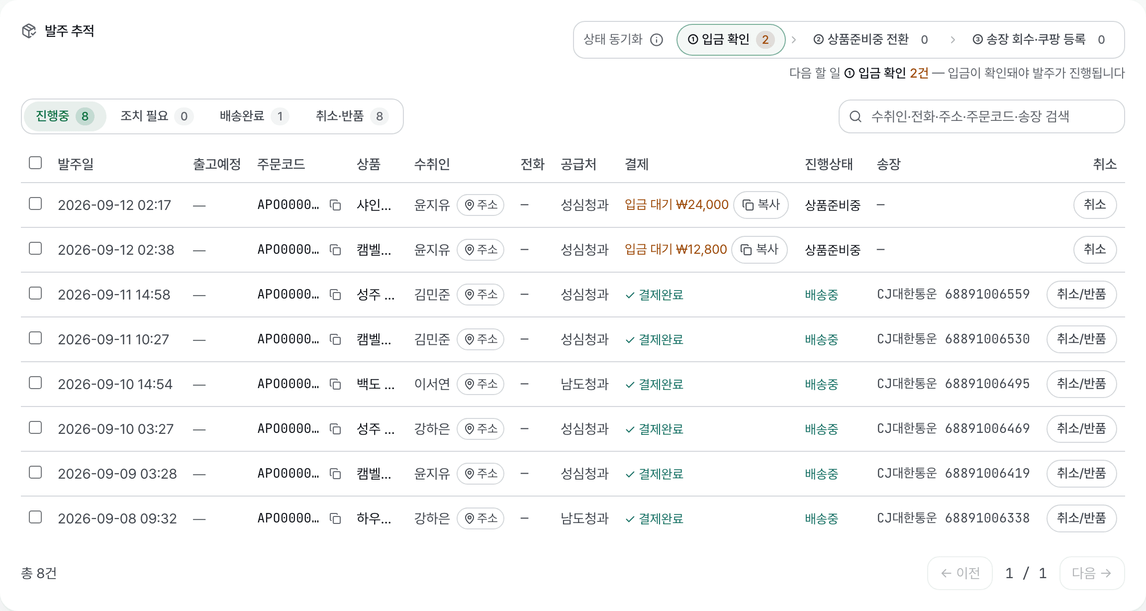 발주 추적 화면. 입금 확인과 상품준비중 전환, 송장 회수와 쿠팡 등록 단계별 건수, 진행 중인 발주 목록